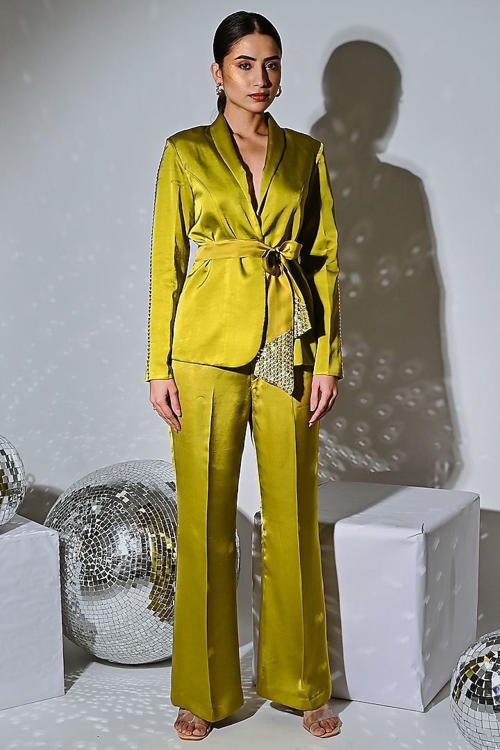 Grenoble Green Satin Silk Blazer Set by Reda by Mansha