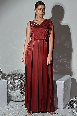 Maroon Hand Embroidered Jumpsuit by Reda by Mansha
