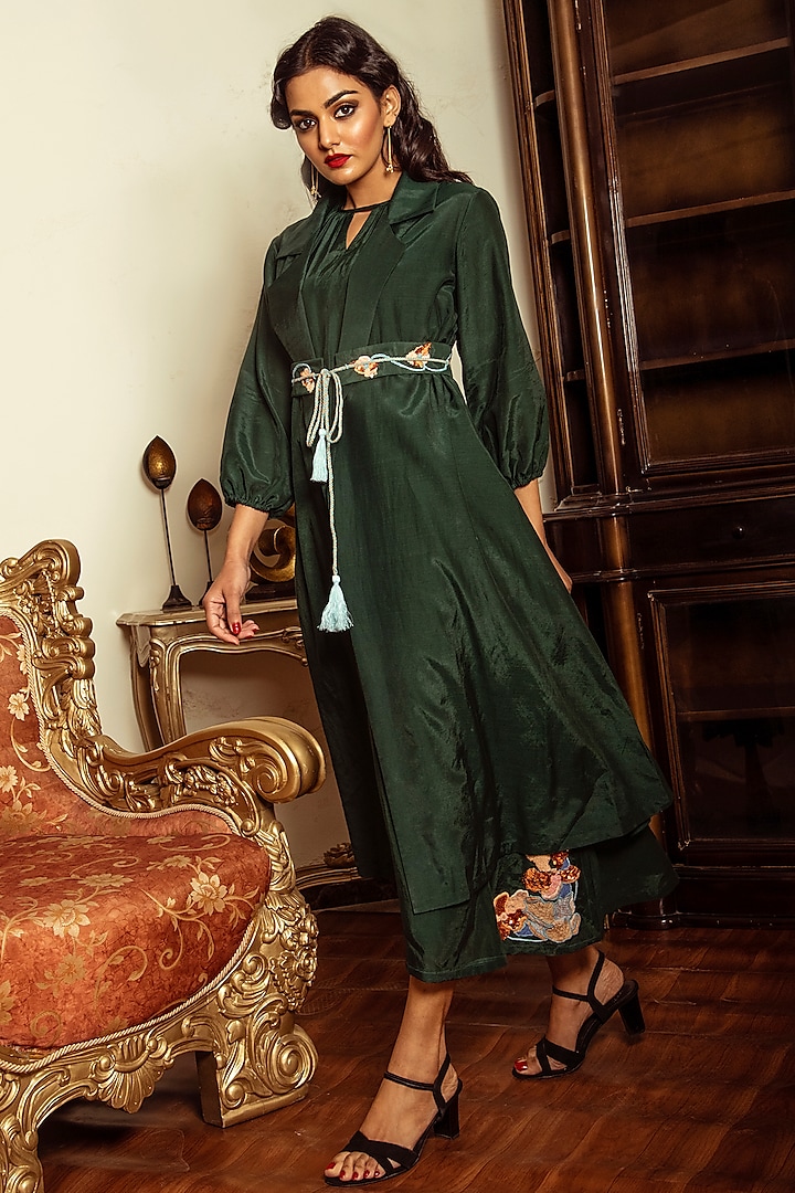 Dark Forest Green Dress With Jacket by Reda by Mansha