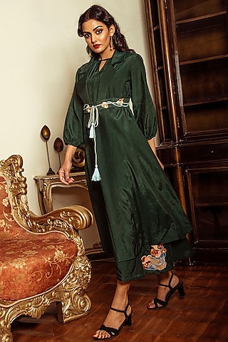 Dark Forest Green Dress With Jacket by Reda by Mansha