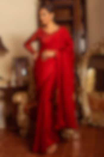 Cherry Red Hand Embroidered Saree Set by Reda by Mansha