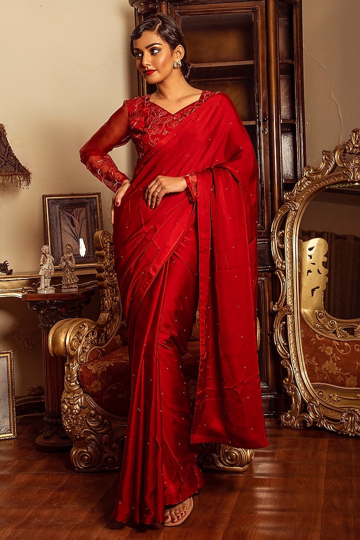 Cherry Red Hand Embroidered Saree Set by Reda by Mansha