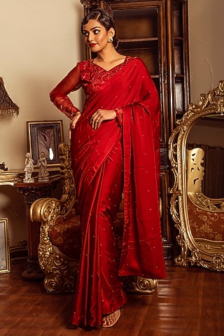 Cherry Red Hand Embroidered Saree Set by Reda by Mansha