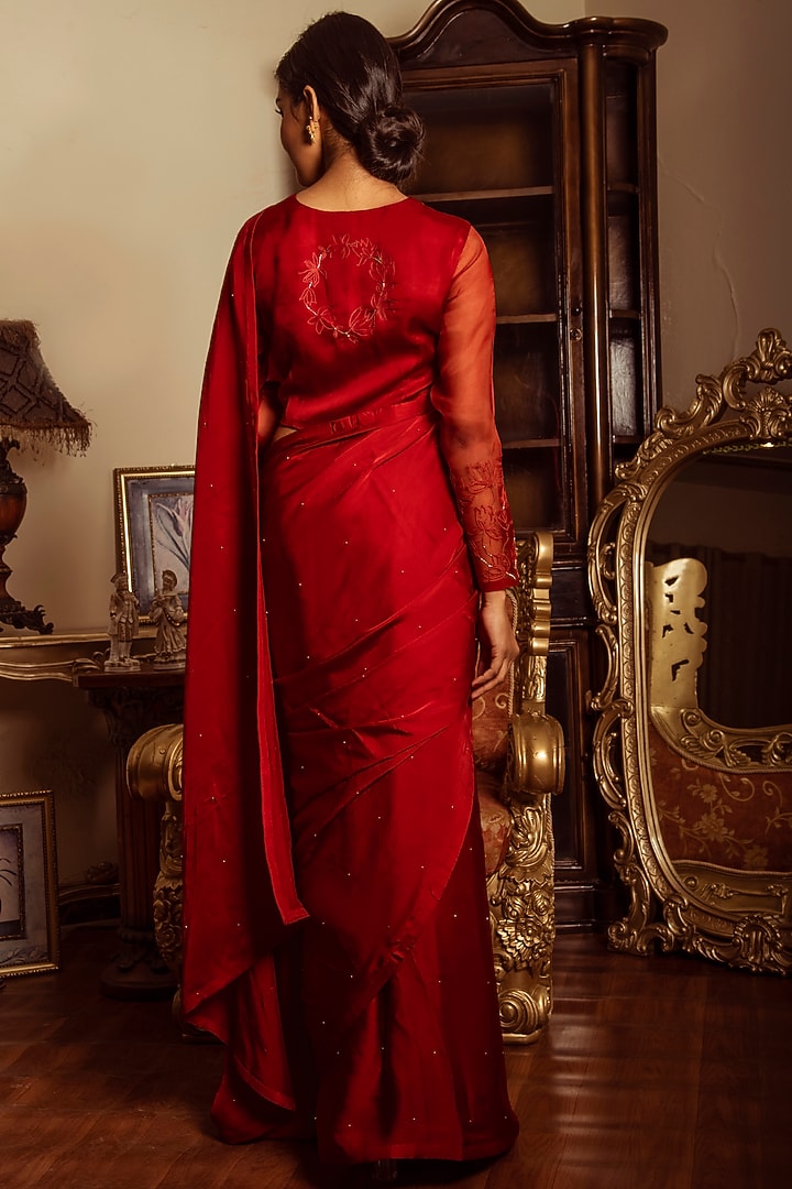 Cherry Red Hand Embroidered Party Wear Saree Set by Reda by Mansha at Pernia's Pop Up Shop
