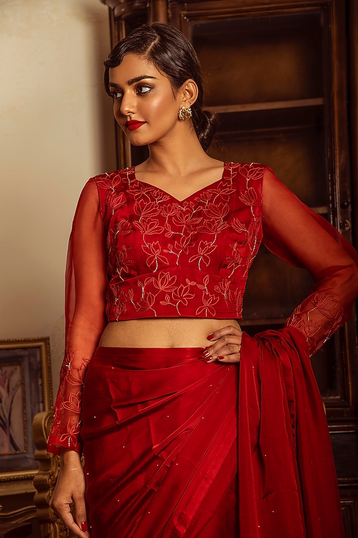 Cherry Red Hand Embroidered Party Wear Saree Set by Reda by Mansha at Pernia's Pop Up Shop