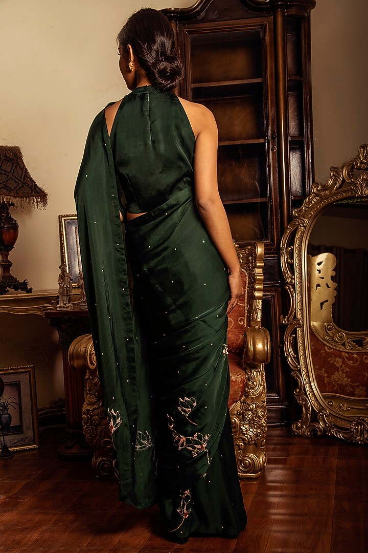 Dark Green Hand Embroidered Party Wear Saree Set by Reda by Mansha at Pernia's Pop Up Shop