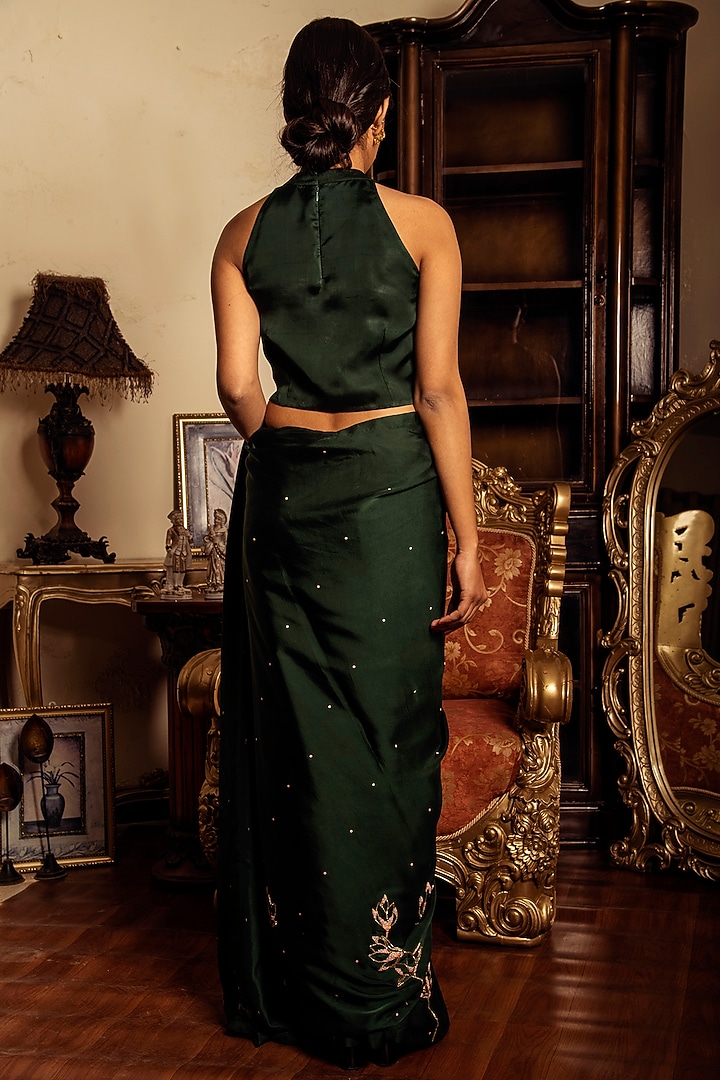 Dark Green Hand Embroidered Party Wear Saree Set by Reda by Mansha at Pernia's Pop Up Shop