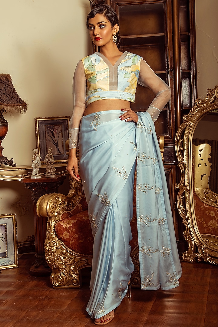 Sky Blue Embroidered Saree Set by Reda by Mansha