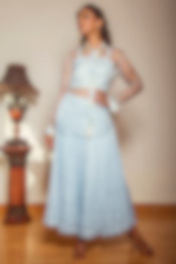 Sky Blue Satin Taffeta Skirt Set by Reda by Mansha