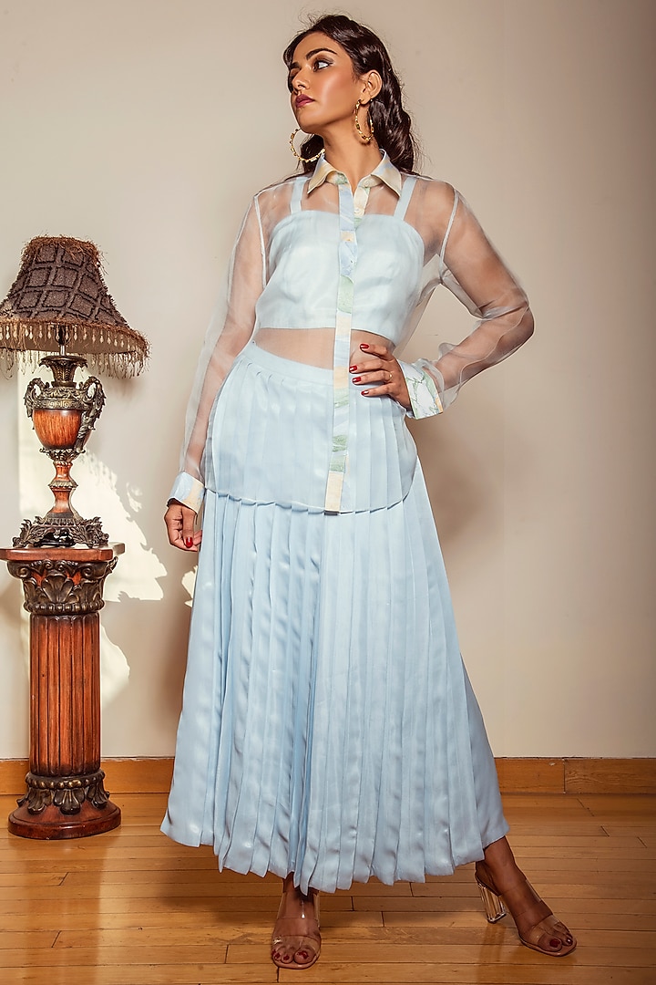 Sky Blue Satin Taffeta Skirt Set by Reda by Mansha