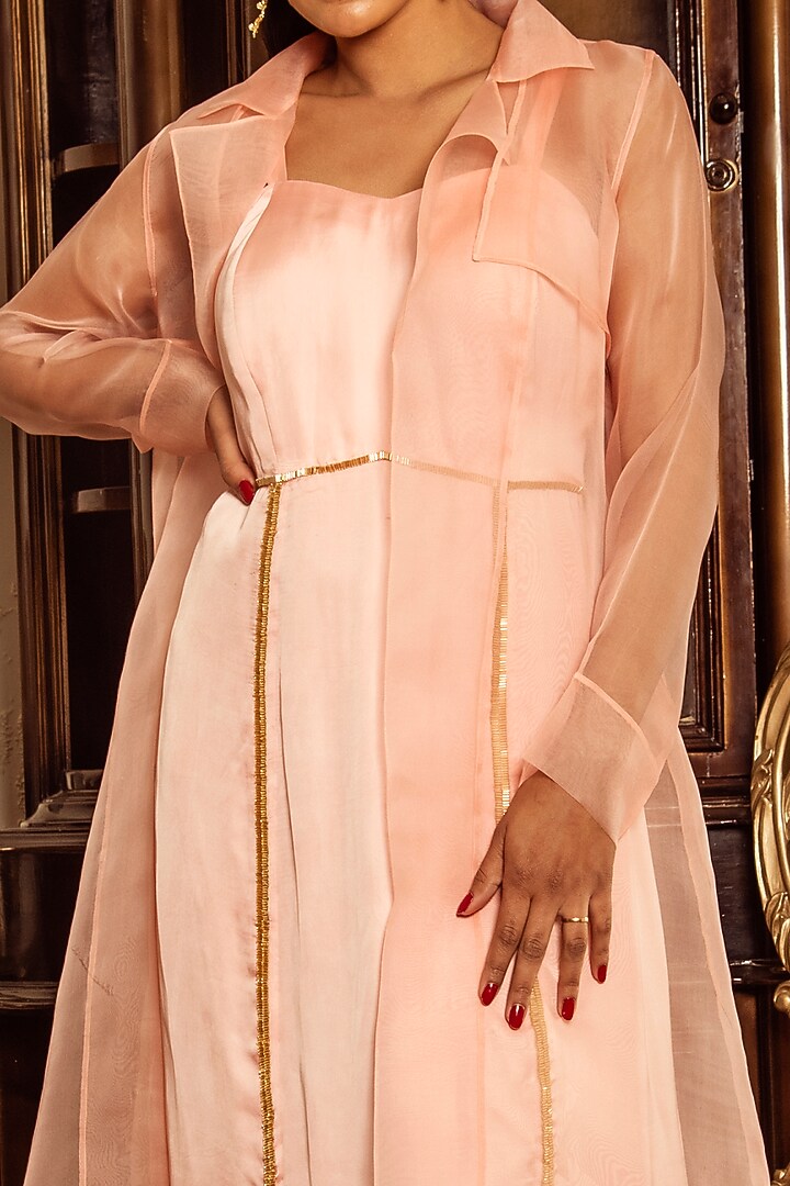 Peach Hand Embroidered Jacket Dress by Reda by Mansha at Pernia's Pop Up Shop
