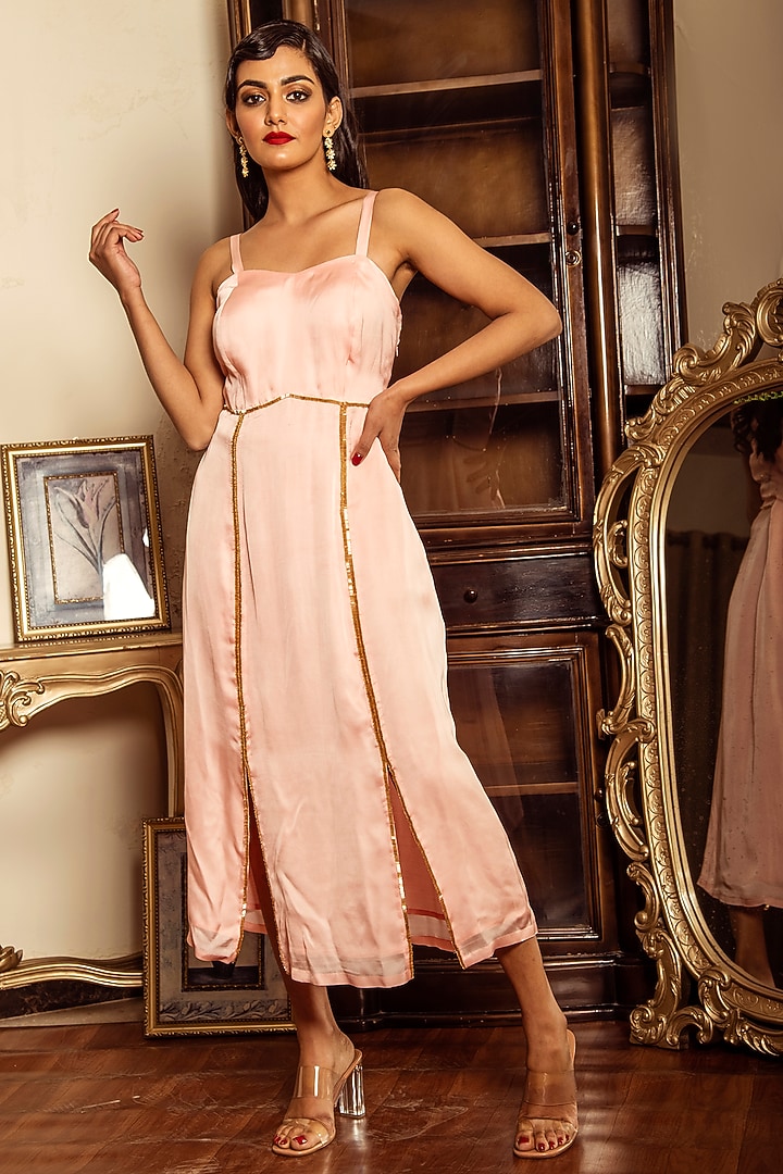 Peach Hand Embroidered Jacket Dress by Reda by Mansha at Pernia's Pop Up Shop
