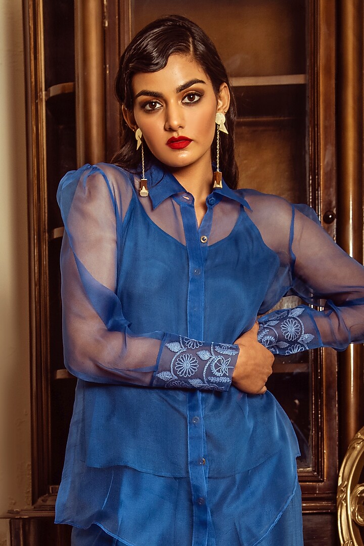 Royal Blue Chanderi Co-Ord Set by Reda by Mansha at Pernia's Pop Up Shop