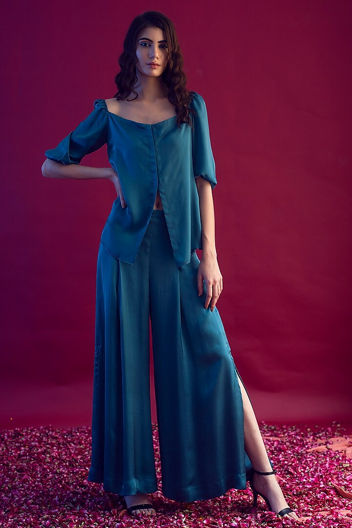 Blue Satin Silk Co-Ord Set by Reda by Mansha