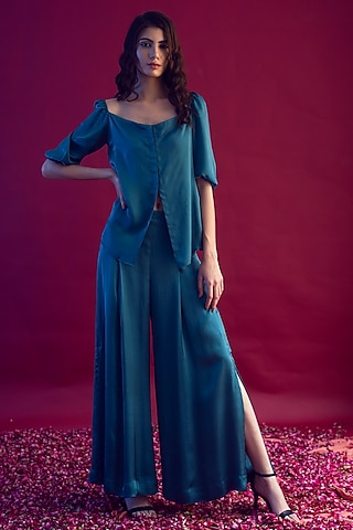 Blue Satin Silk Co-Ord Set by Reda by Mansha