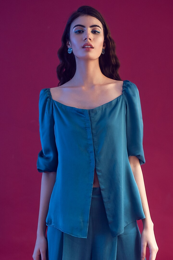 Blue Satin Silk Co-Ord Set by Reda by Mansha at Pernia's Pop Up Shop