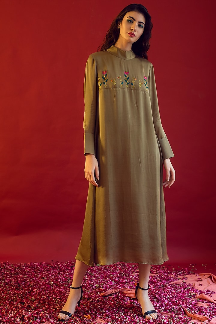Olive Green A-line Midi Dress by Reda by Mansha