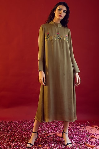 Olive Green A-line Midi Dress by Reda by Mansha