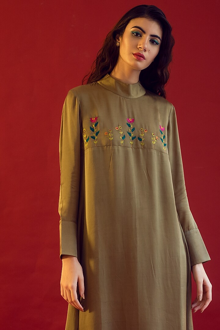 Olive Green A-line Midi Summer Dress by Reda by Mansha at Pernia's Pop Up Shop