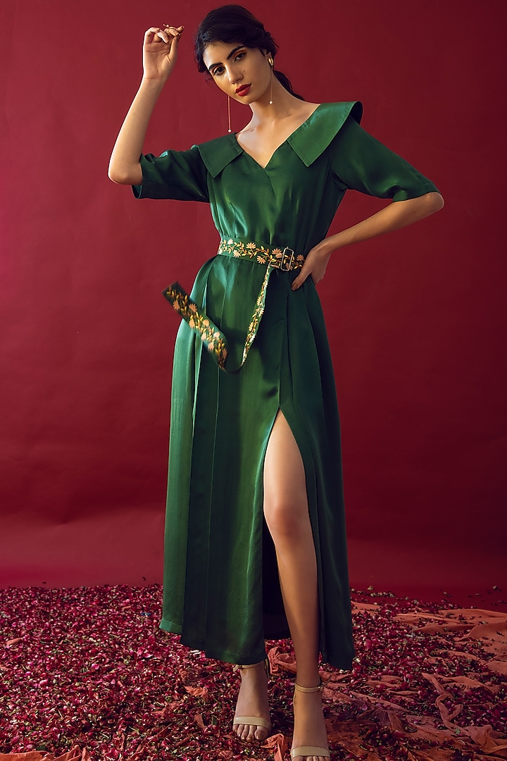Olive Green Satin Silk Midi Dress by Reda by Mansha