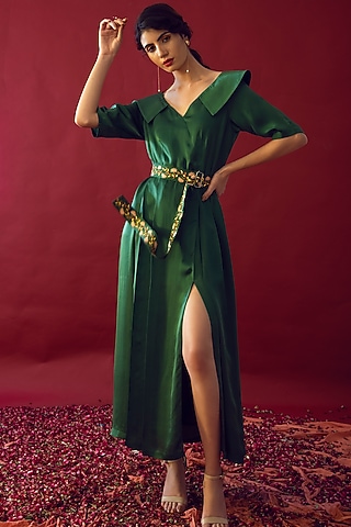 Olive Green Satin Silk Midi Dress by Reda by Mansha
