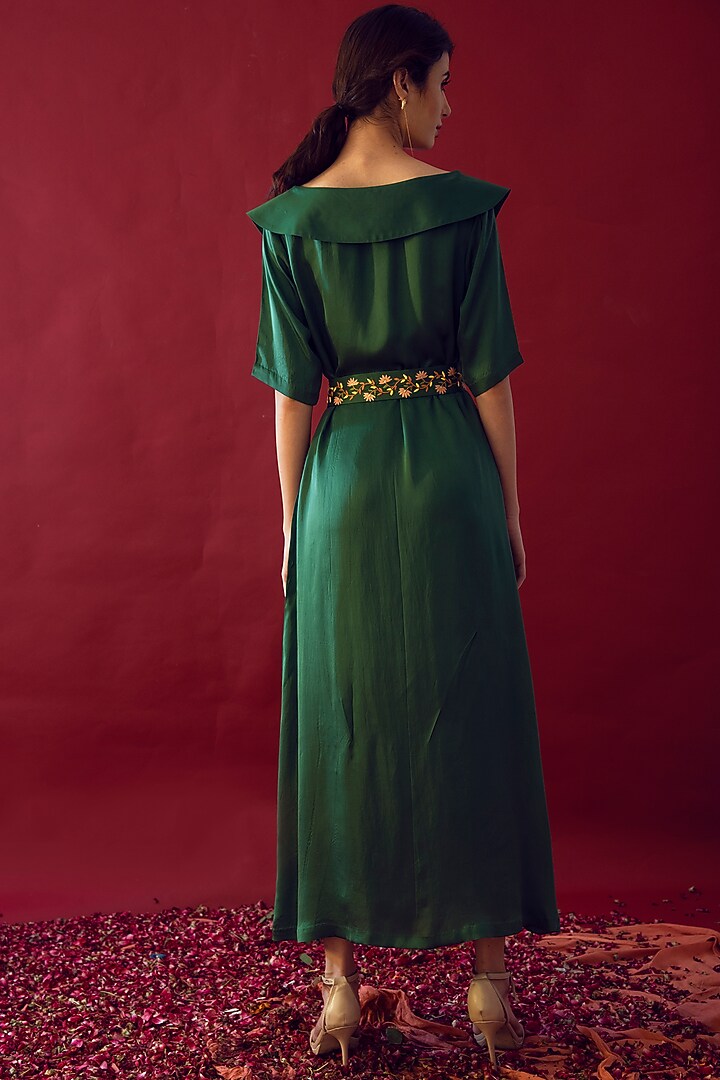Olive Green Satin Silk Midi Summer Dress by Reda by Mansha at Pernia's Pop Up Shop