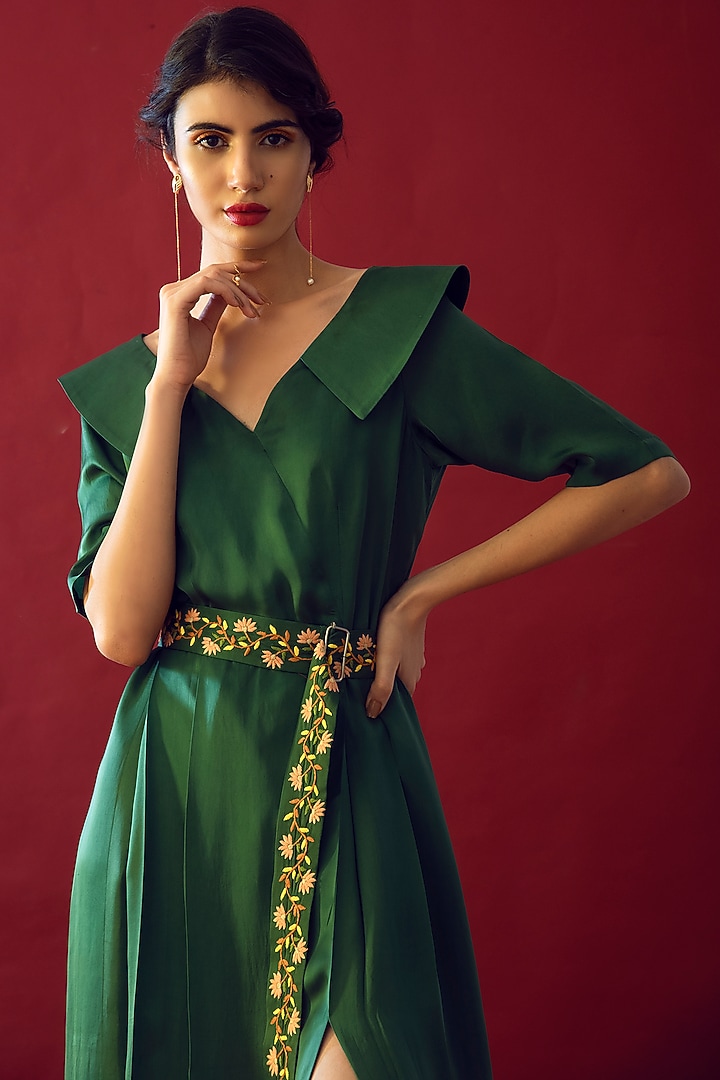Olive Green Satin Silk Midi Summer Dress by Reda by Mansha at Pernia's Pop Up Shop