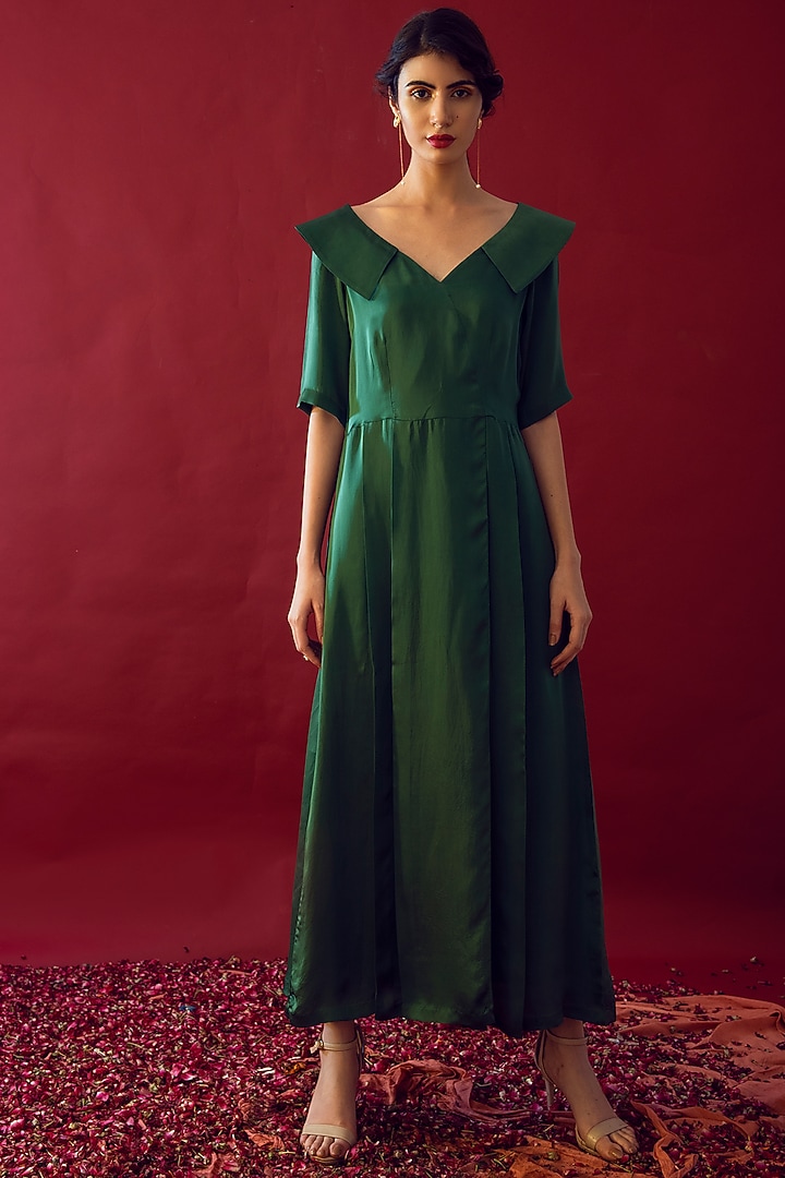 Olive Green Satin Silk Midi Summer Dress by Reda by Mansha at Pernia's Pop Up Shop