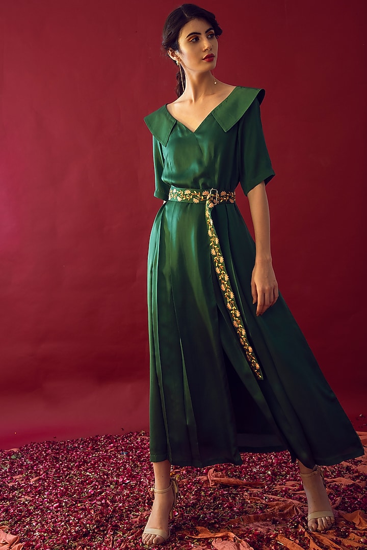Olive Green Satin Silk Midi Summer Dress by Reda by Mansha at Pernia's Pop Up Shop