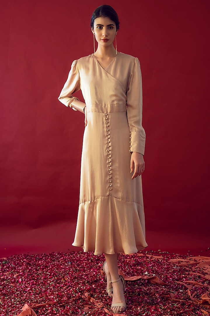 Beige Satin Silk Maxi Dress by Reda by Mansha
