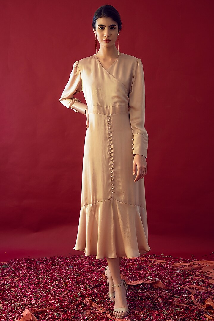 Beige Satin Silk Maxi Dress by Reda by Mansha at Pernia's Pop Up Shop