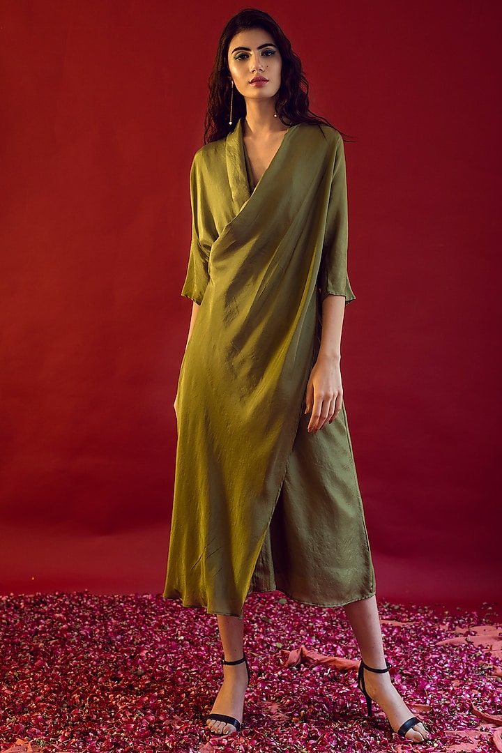 Olive Green Silk Draped Dress by Reda by Mansha