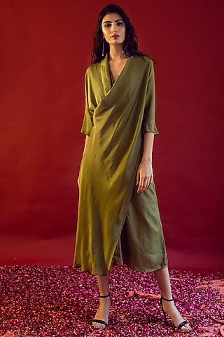 Olive Green Silk Draped Dress by Reda by Mansha