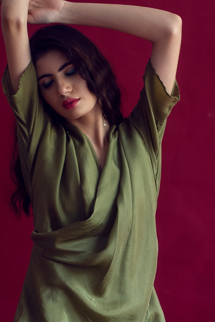 Olive Green Silk Draped Summer Dress by Reda by Mansha at Pernia's Pop Up Shop