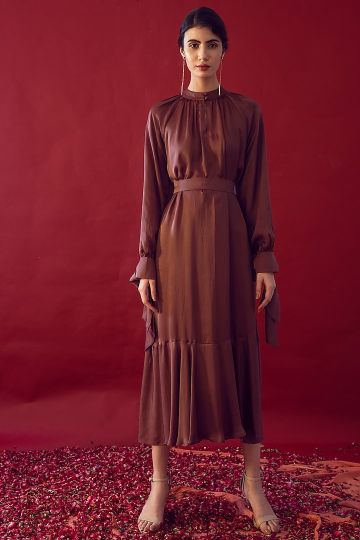 Brown Satin Silk Gathered Dress by Reda by Mansha