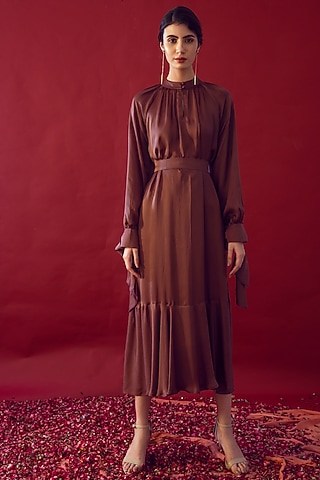 Brown Satin Silk Gathered Dress by Reda by Mansha