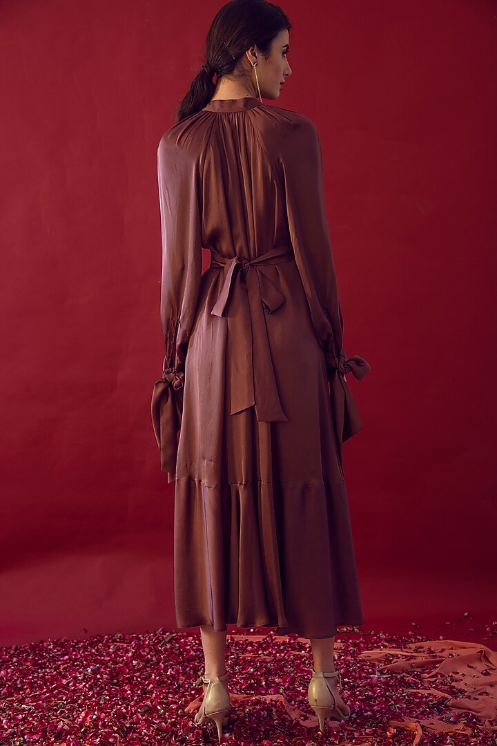 Brown Satin Silk Gathered Summer Dress by Reda by Mansha at Pernia's Pop Up Shop