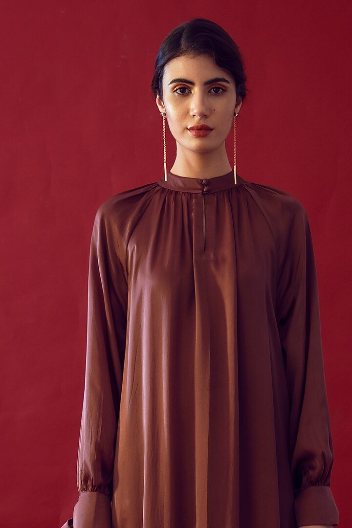 Brown Satin Silk Gathered Summer Dress by Reda by Mansha at Pernia's Pop Up Shop