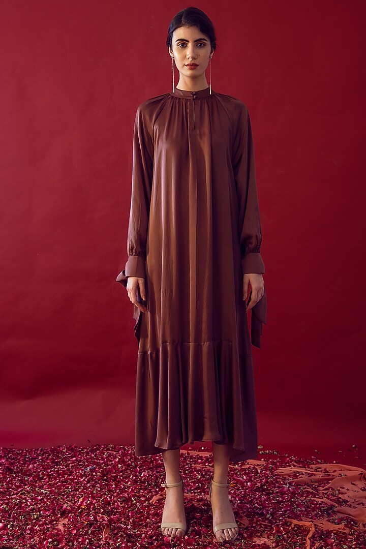 Brown Satin Silk Gathered Summer Dress by Reda by Mansha at Pernia's Pop Up Shop