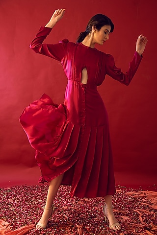 Orchid Pink Satin Silk Pleated Dress by Reda by Mansha