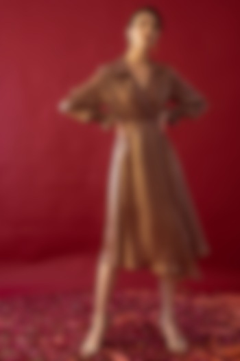 Tan Brown Satin Silk Jacket Dress by Reda by Mansha
