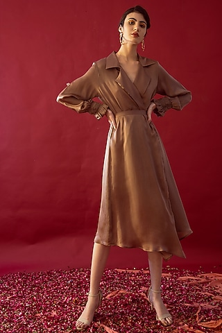 Tan Brown Satin Silk Jacket Dress by Reda by Mansha