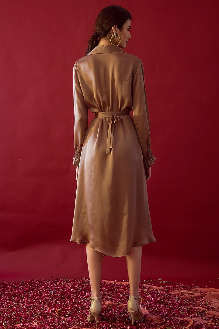 Tan Brown Satin Silk Jacket Summer Dress by Reda by Mansha at Pernia's Pop Up Shop
