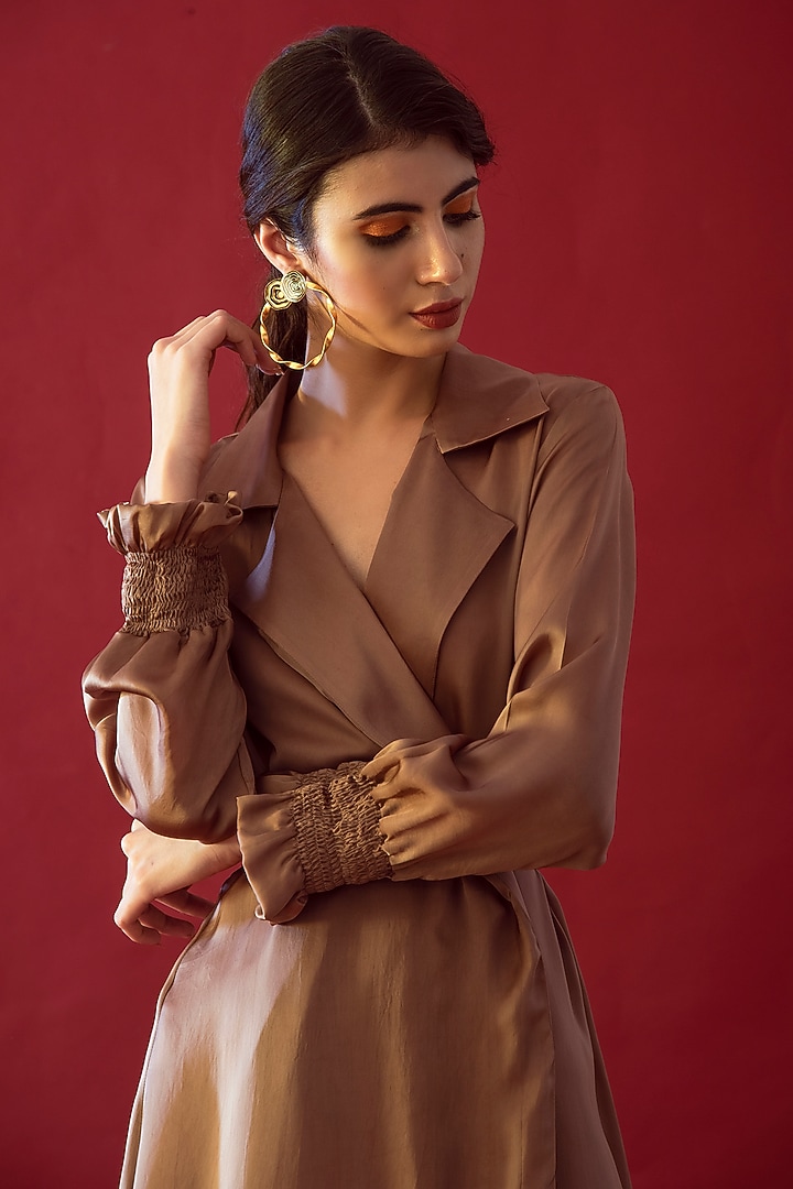 Tan Brown Satin Silk Jacket Summer Dress by Reda by Mansha at Pernia's Pop Up Shop