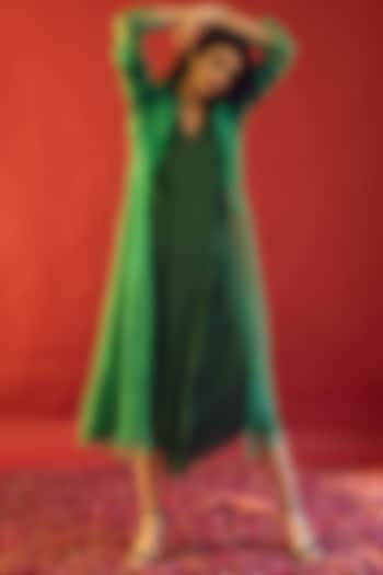 Dark Green Satin Silk Jacket Dress by Reda by Mansha