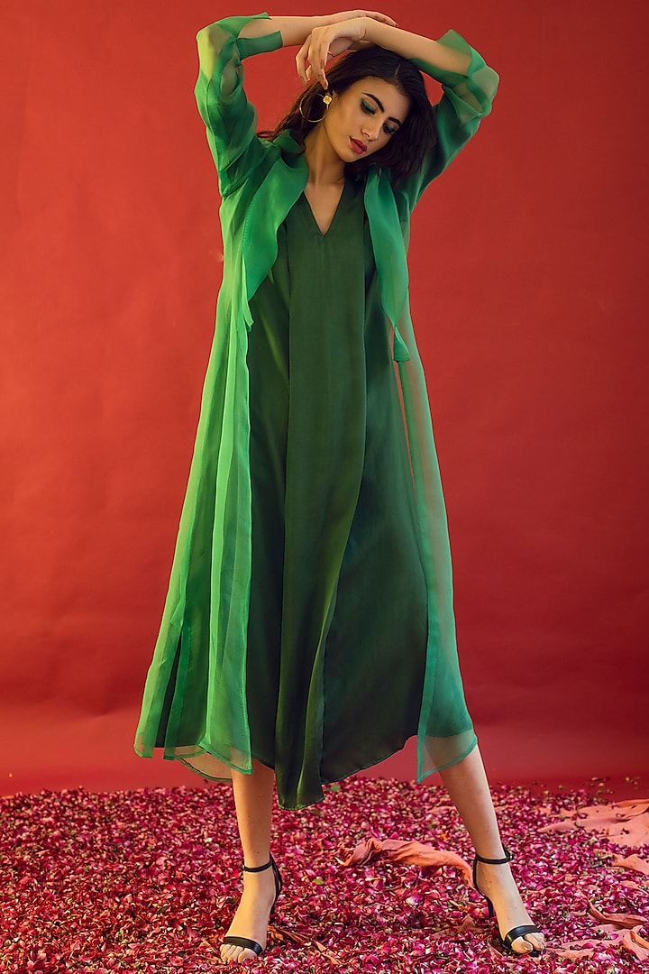 Dark Green Satin Silk Jacket Dress by Reda by Mansha