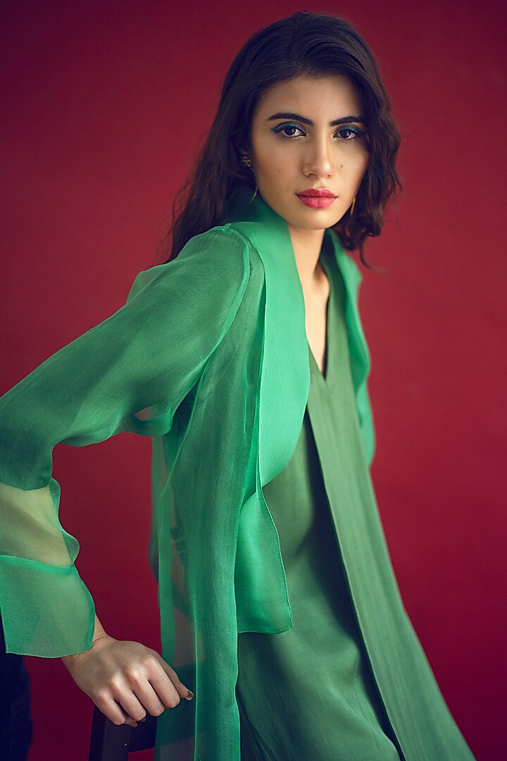 Dark Green Satin Silk Jacket Summer Dress by Reda by Mansha at Pernia's Pop Up Shop