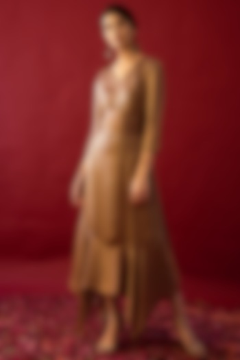 Tan Brown Satin Silk Pleated Dress With Belt by Reda by Mansha