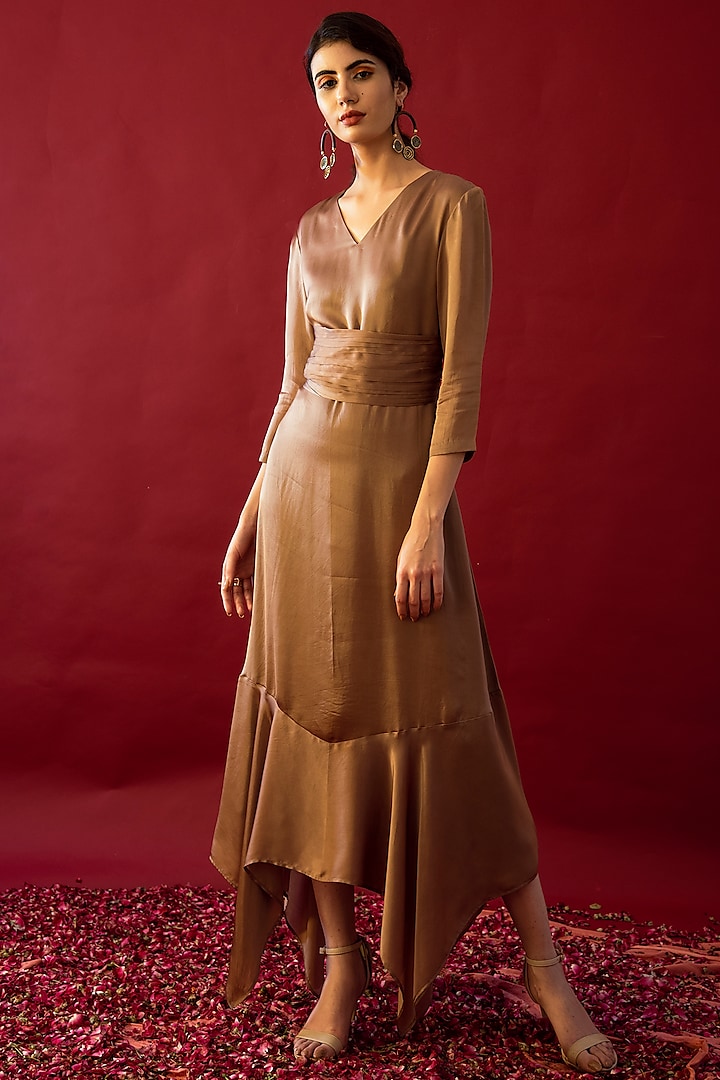 Tan Brown Satin Silk Pleated Dress With Belt by Reda by Mansha