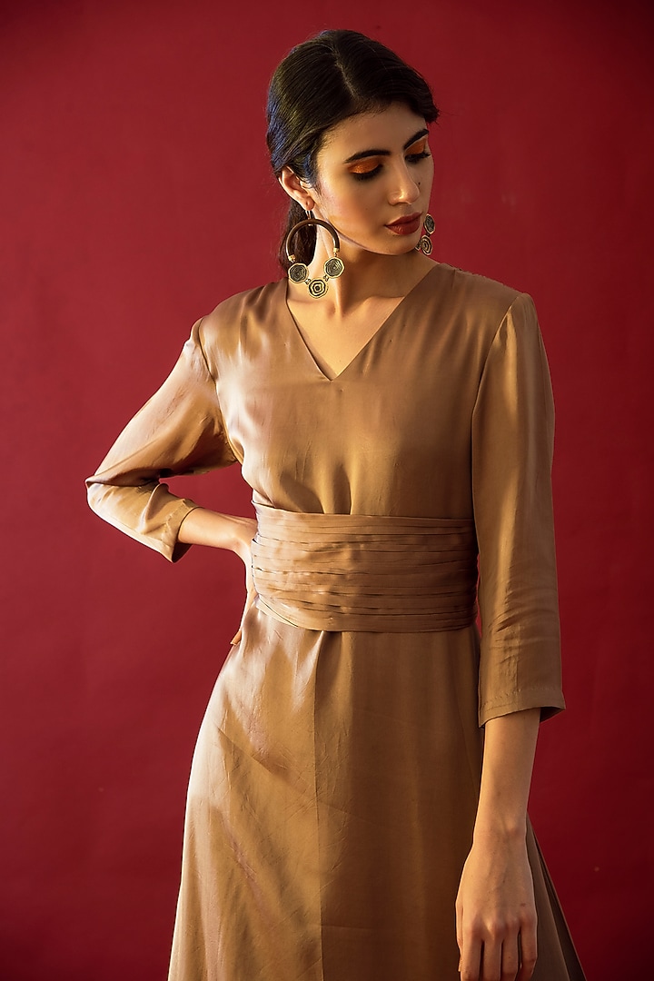 Tan Brown Satin Silk Pleated Summer Dress With Belt by Reda by Mansha at Pernia's Pop Up Shop